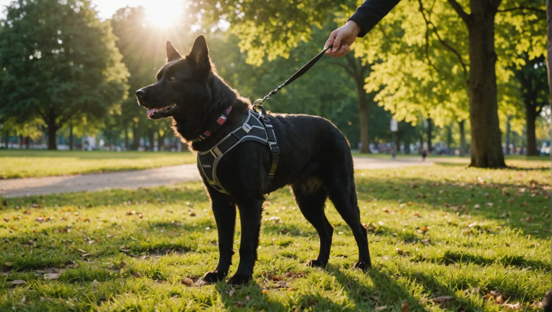 Un chien portant un harnais anti-traction se promène calmement à côté de son maître dans un parc.