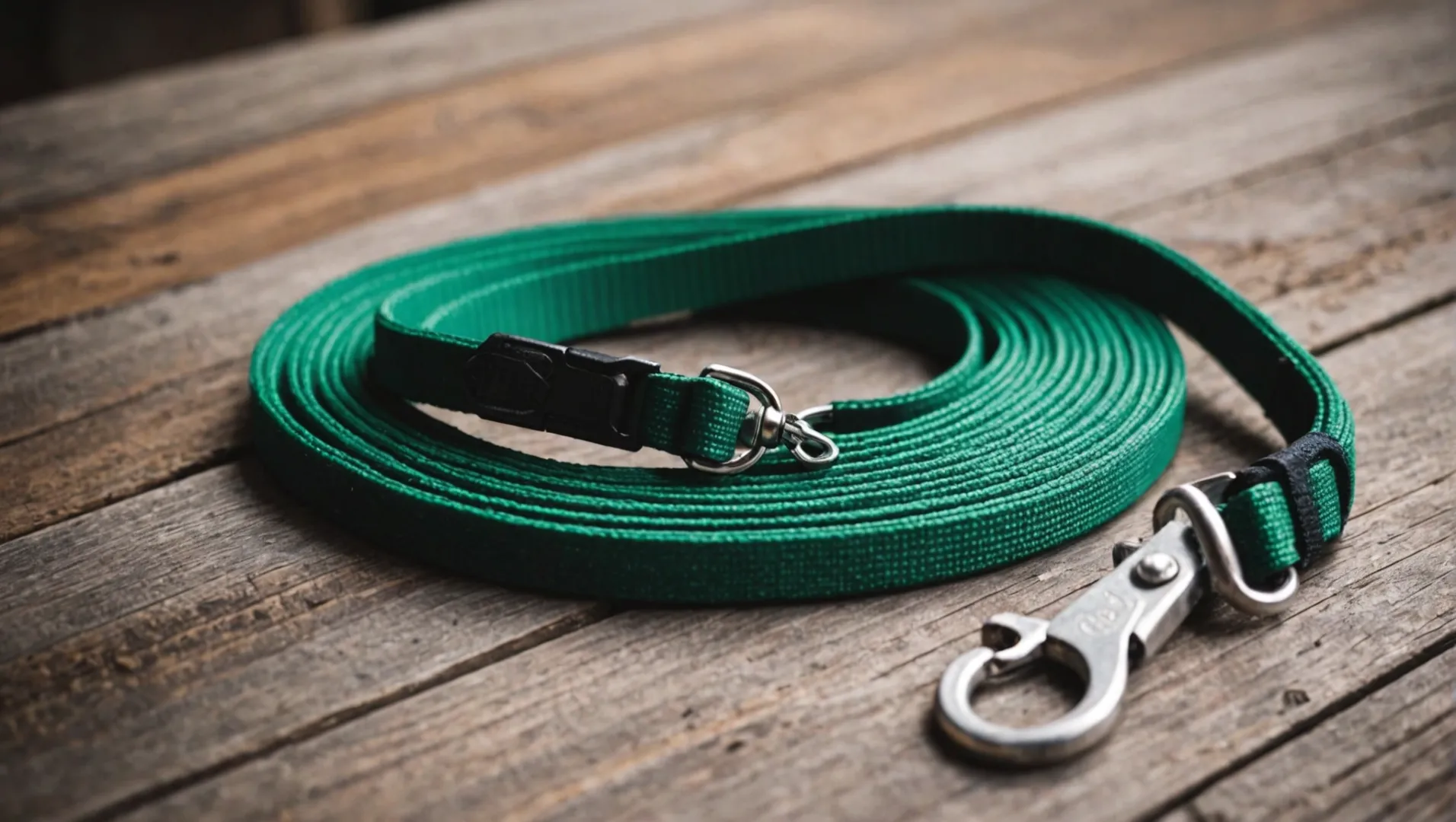 A vibrant nylon dog leash coiled on a wooden surface, showcasing its texture and colors.