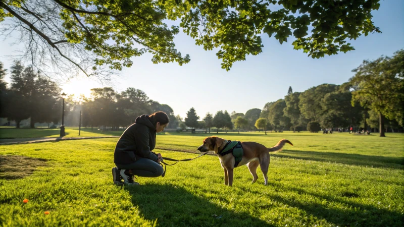 Person kniend im Gras, die ein Hundegeschirr in einem sonnigen Park einstellt
