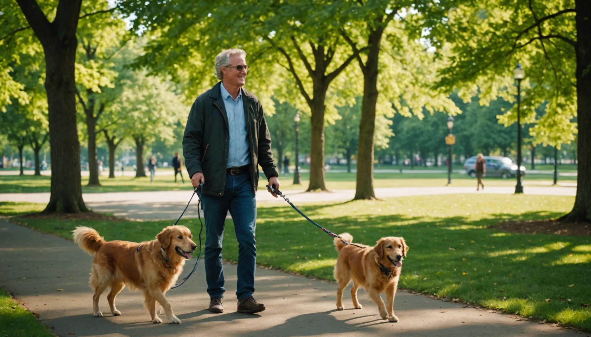 Une personne promenant un chien de taille moyenne dans un parc ensoleillé avec des arbres verts et un ciel bleu.