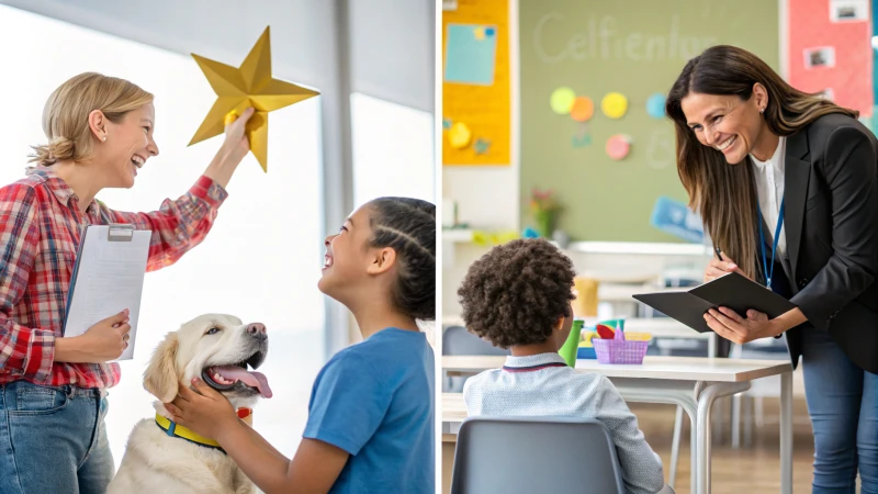 Drei Szenen mit positiver Verstärkung: Lehrer mit Schüler, Trainer mit Hund, Manager mit Mitarbeiter.