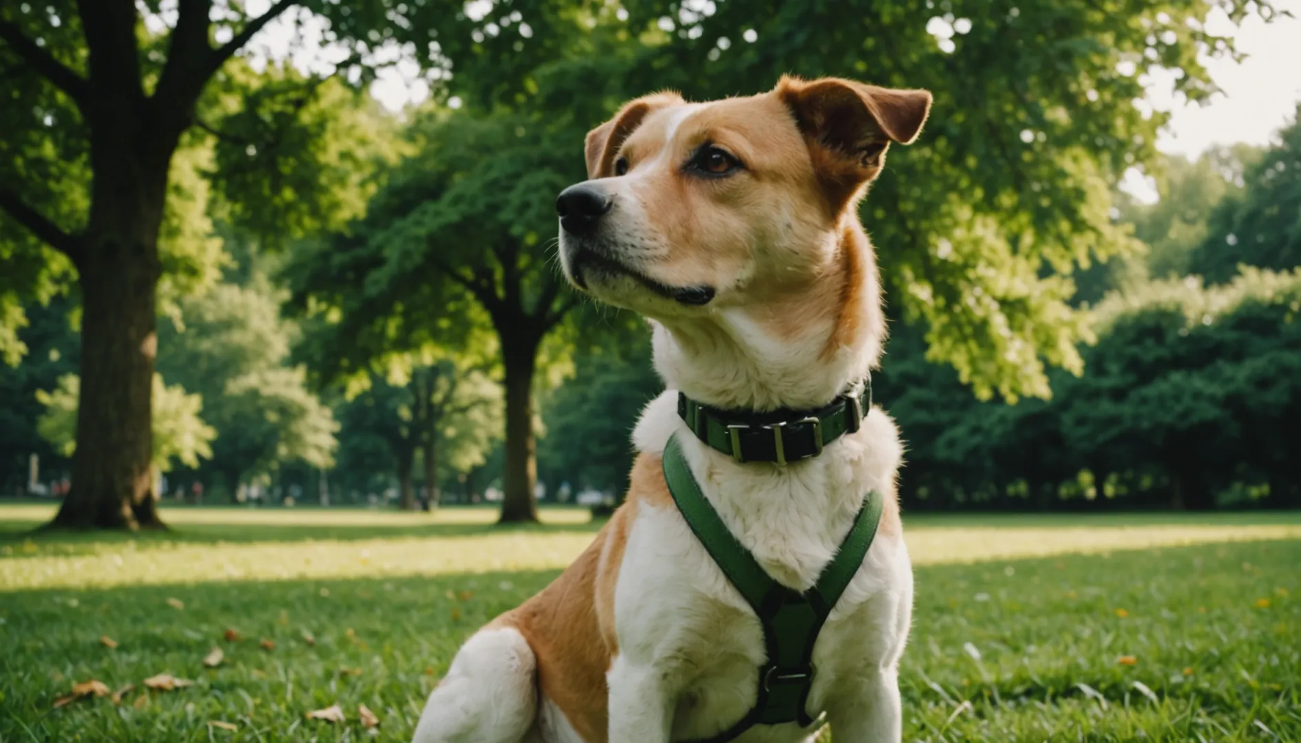 Dog with a properly fitted collar sitting in a park