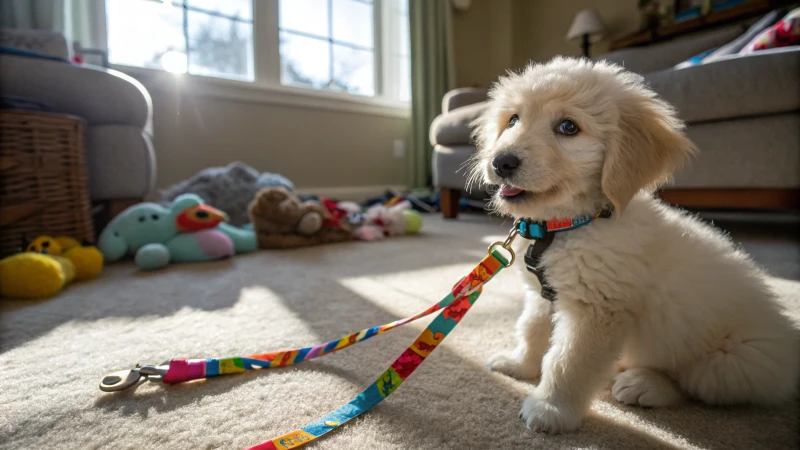 Un chiot enjoué mâchant son collier dans un salon