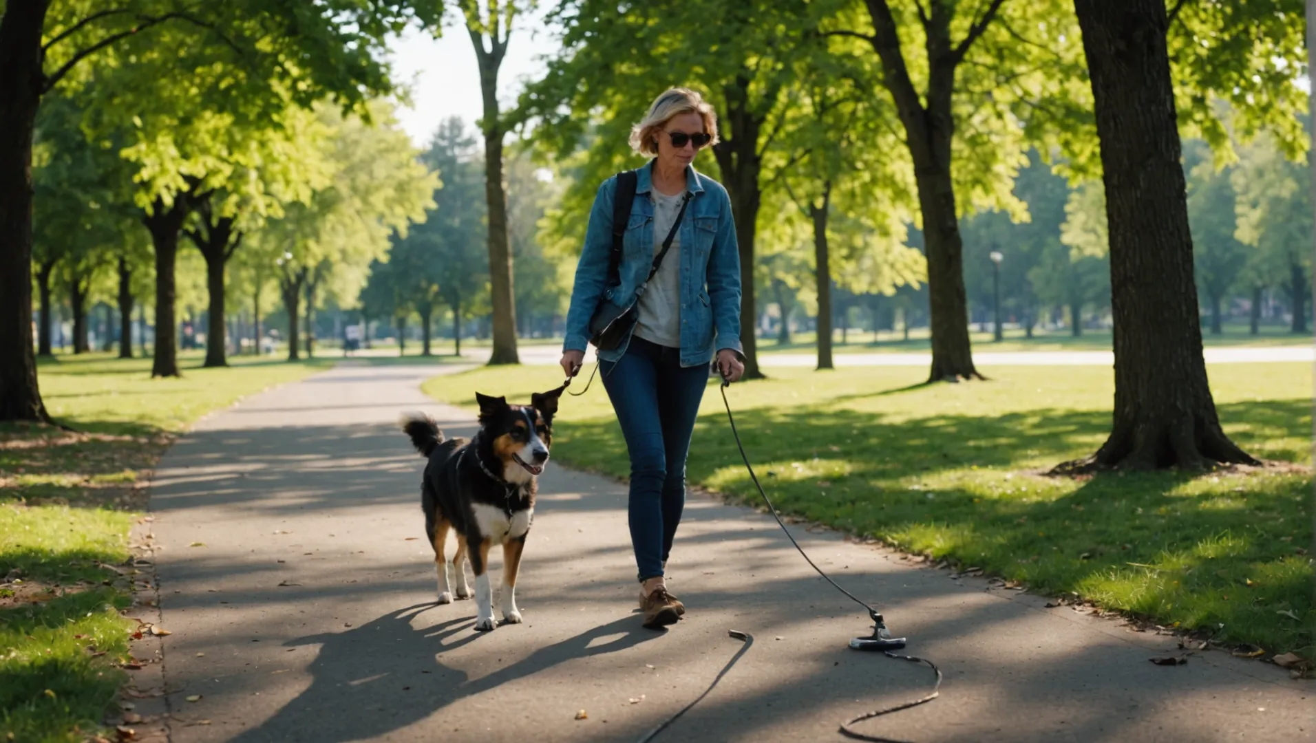 Perro con correa retráctil paseando con su dueño por un parque