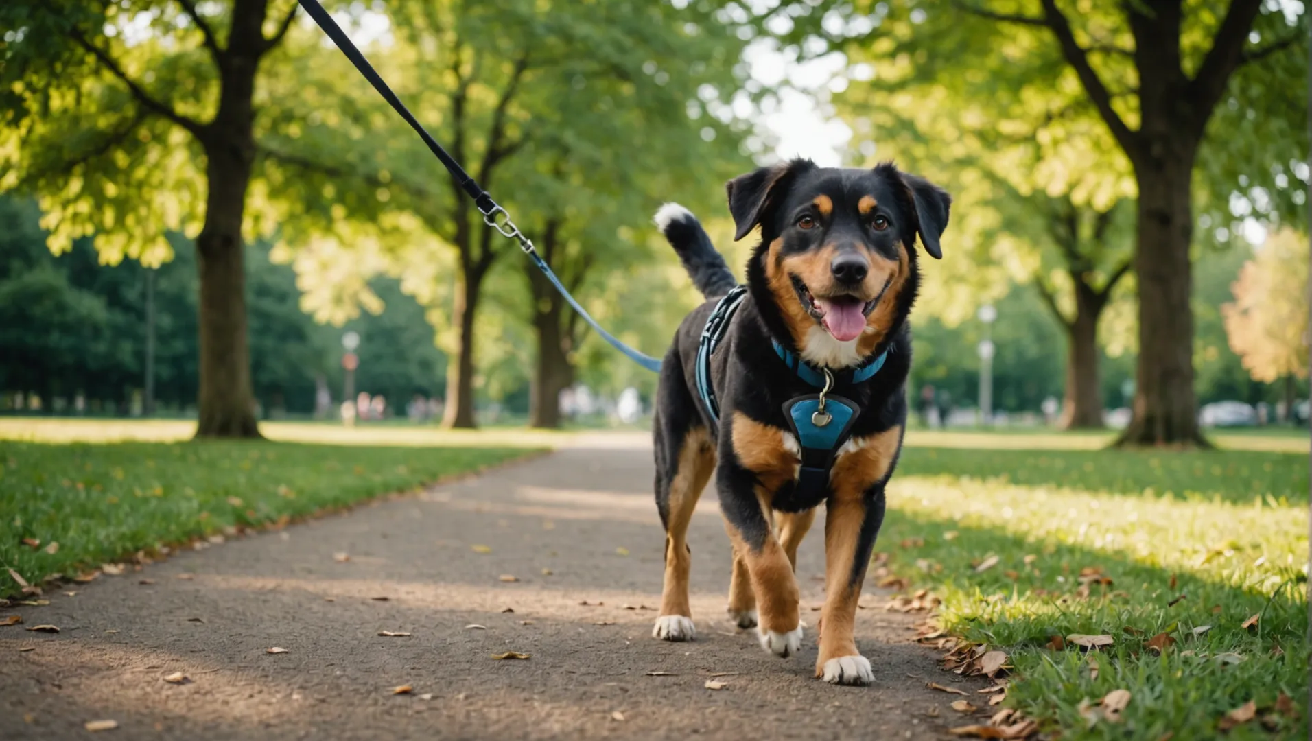 Un perro con correa retráctil paseando por un parque