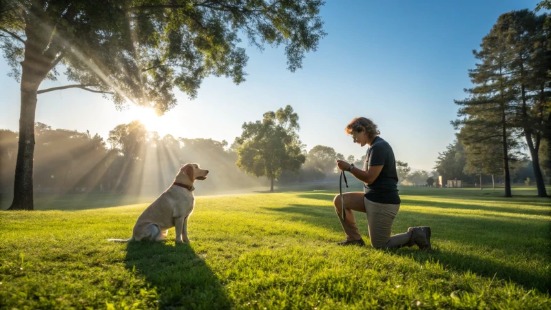 Adiestrador de perros arrodillado junto a un Labrador Retriever en un parque