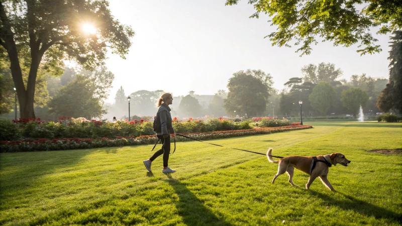 Un chien se promenant avec son maître dans un parc par une journée ensoleillée.