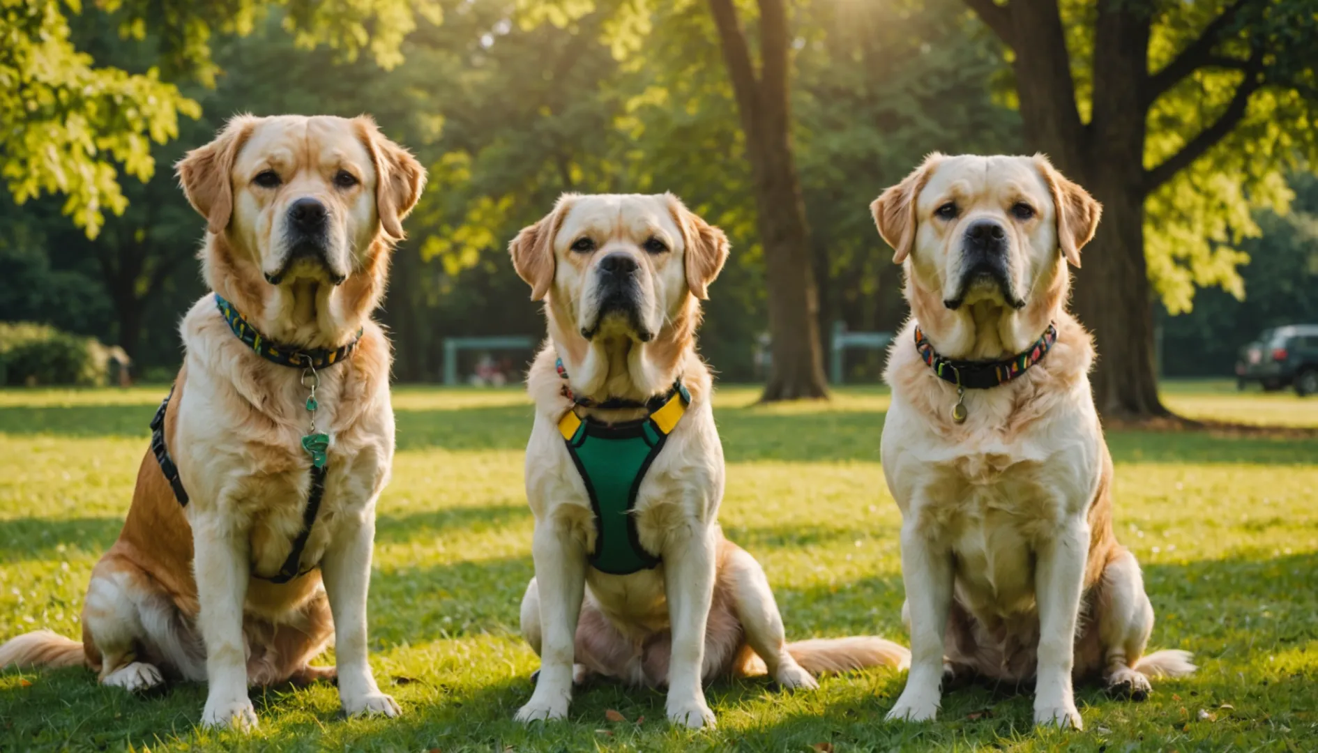 Un golden retriever et un bulldog dans un parc