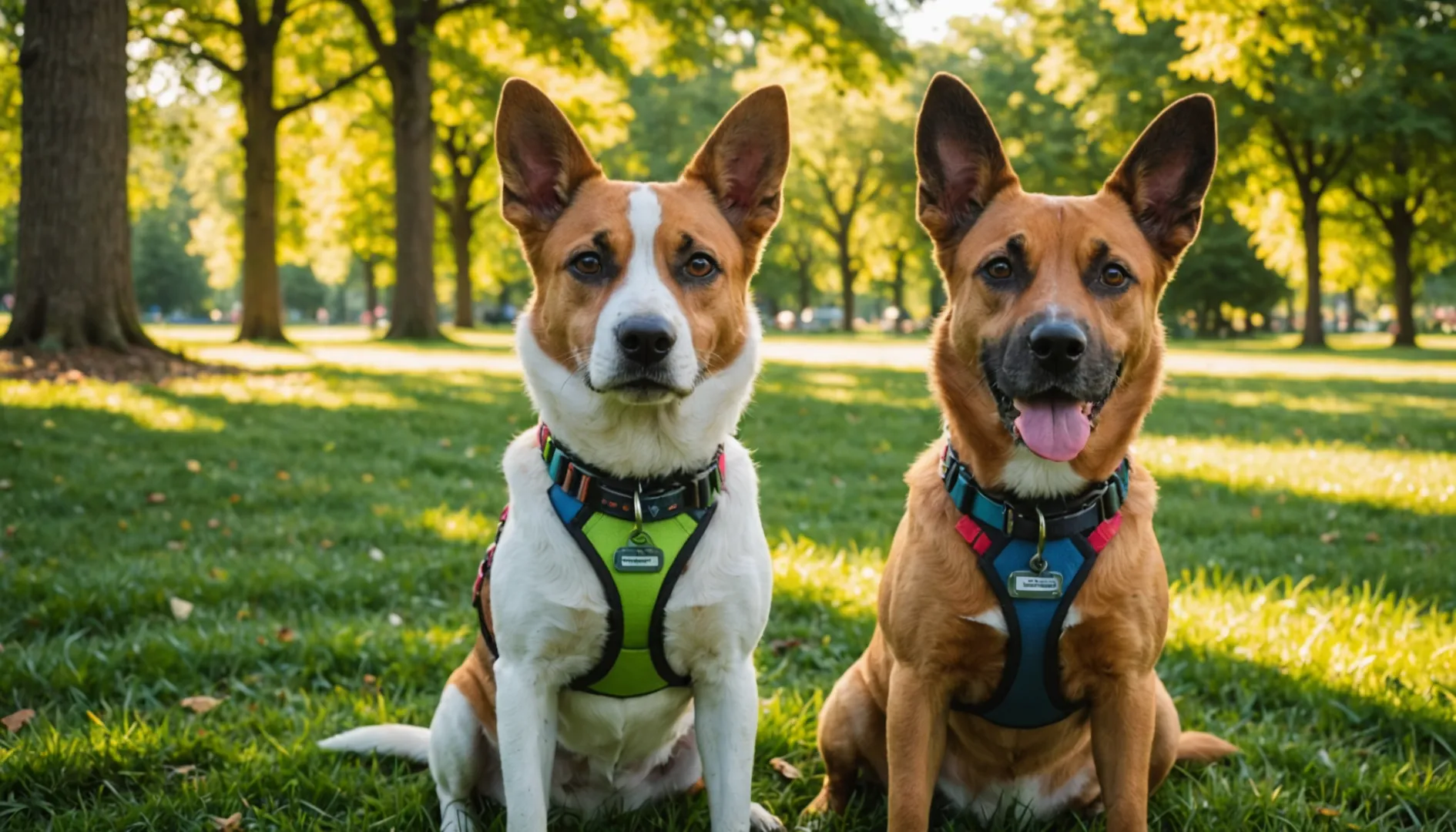 Deux chiens dans un parc, l'un avec un collier et l'autre avec un harnais.