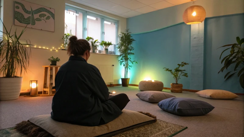 Ein friedlicher Therapieraum mit einer Person, die sich in Achtsamkeit übt