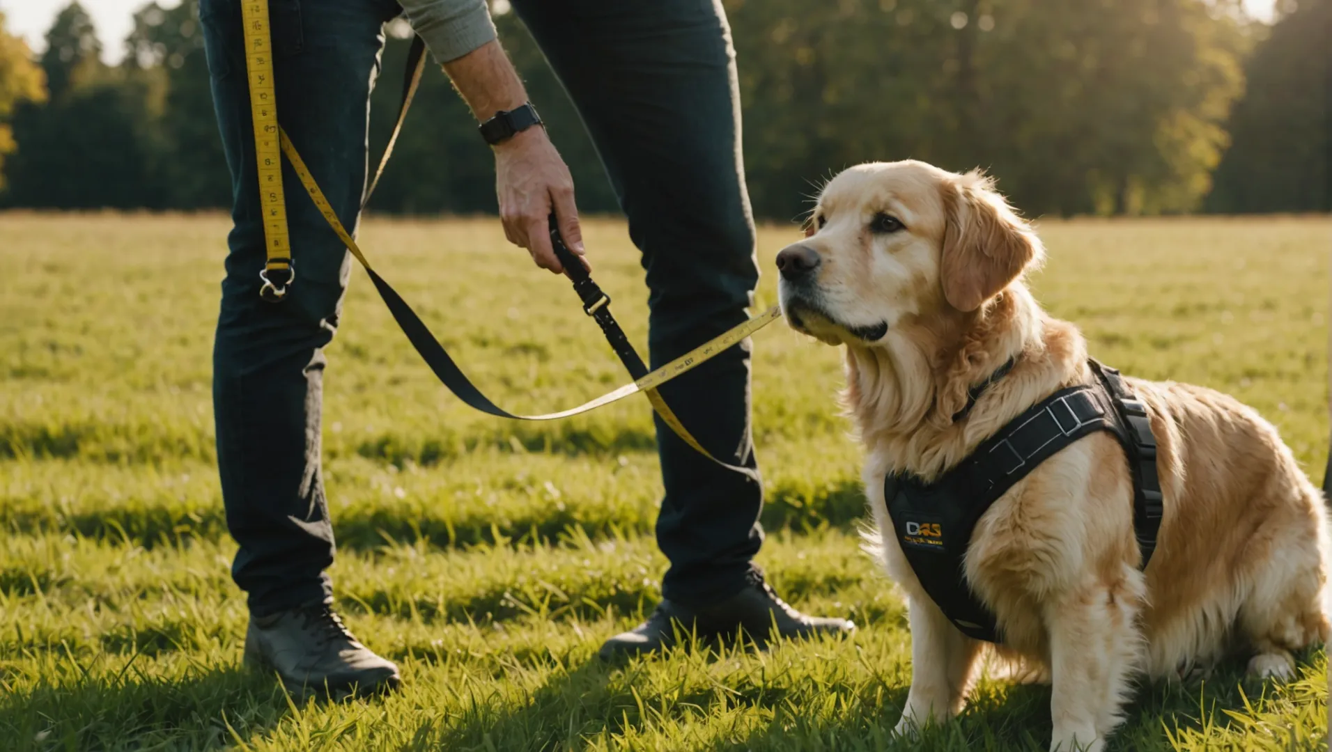 Cane che indossa una pettorina in neoprene mentre viene misurata la taglia