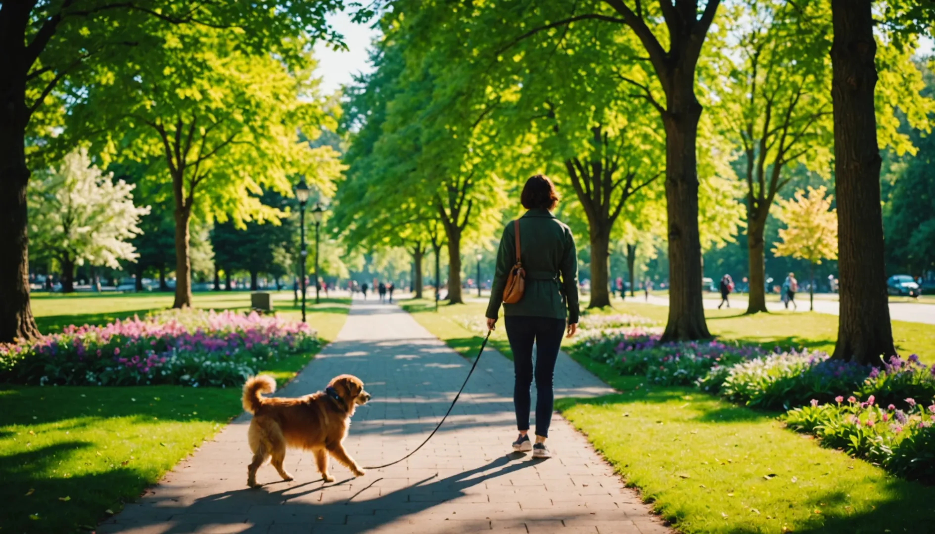 Una persona paseando a un perro mediano en un parque soleado
