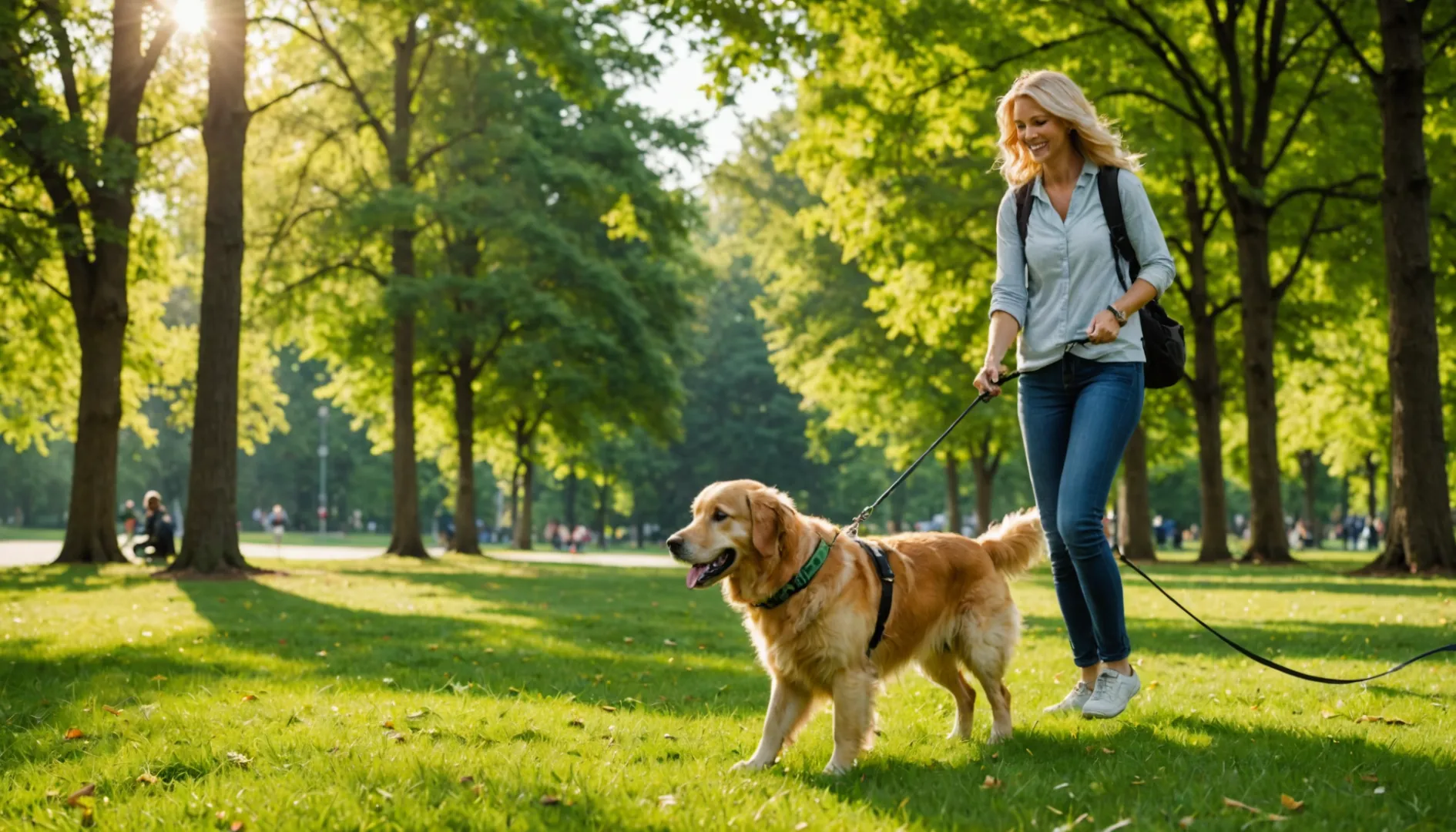 Golden retriever explorando un parque con correa retráctil