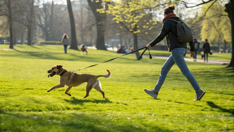 Une personne promenant un chien de taille moyenne dans un parc ensoleillé