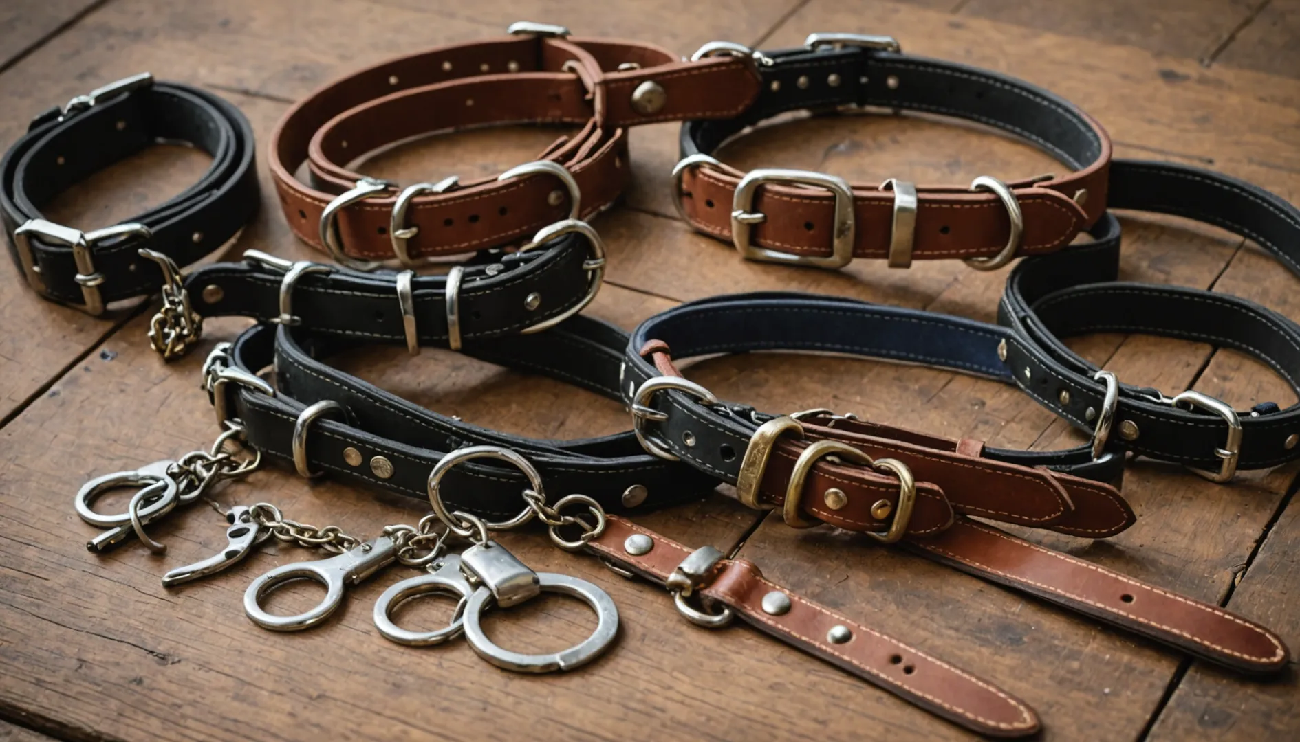 Various types of dog collars laid out on a wooden table