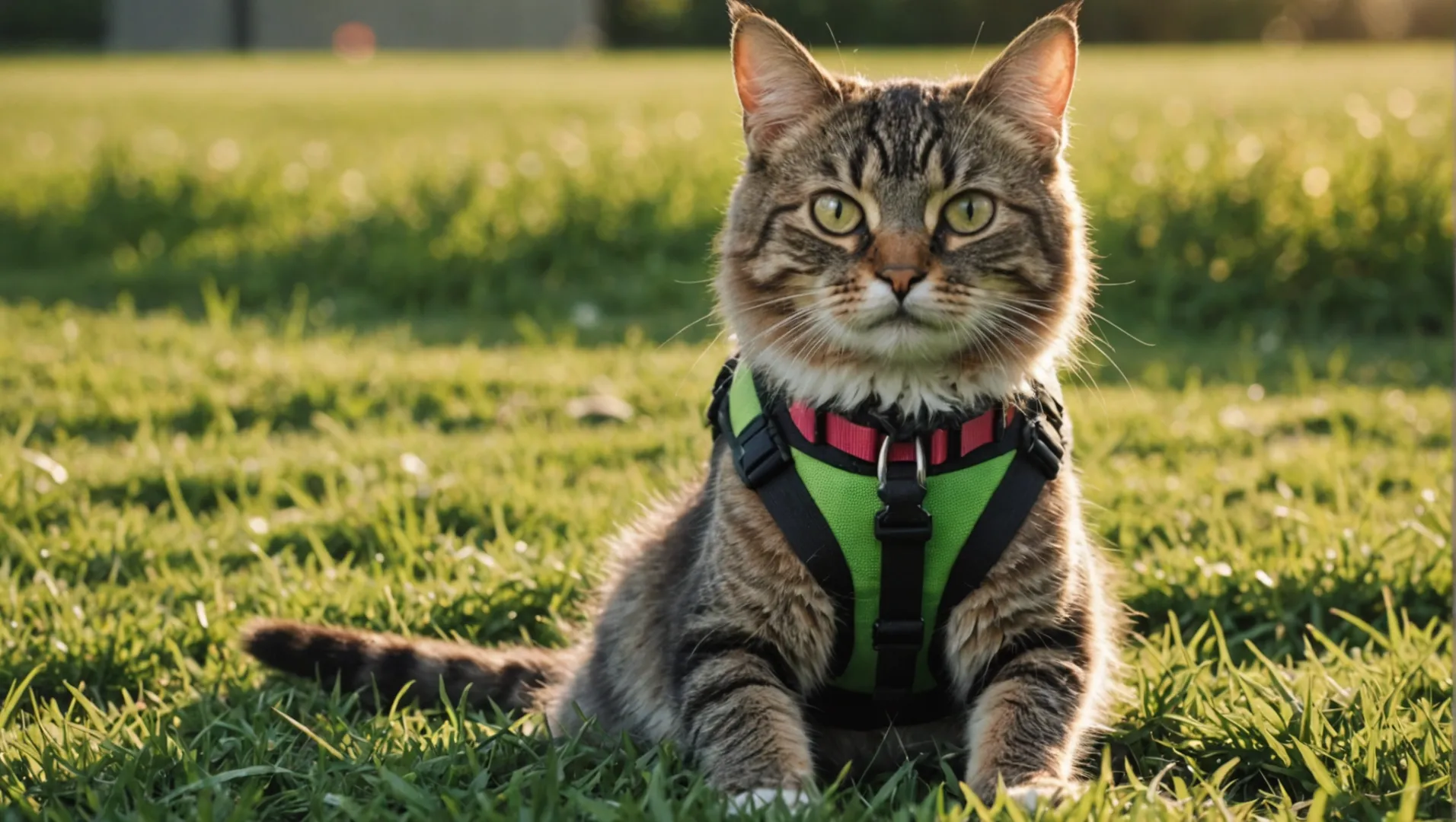 Gatto che indossa una pettorina seduto sull'erba