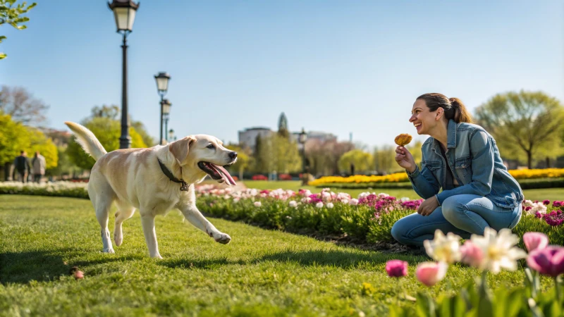 Un perro feliz paseando con su dueño por un parque