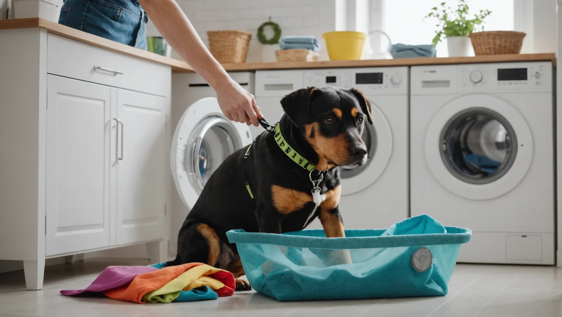 Il collare di un cane viene preparato per il lavaggio in lavatrice.