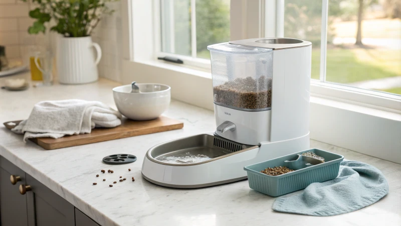 Distributeur automatique de nourriture pour animaux démonté sur le comptoir de la cuisine