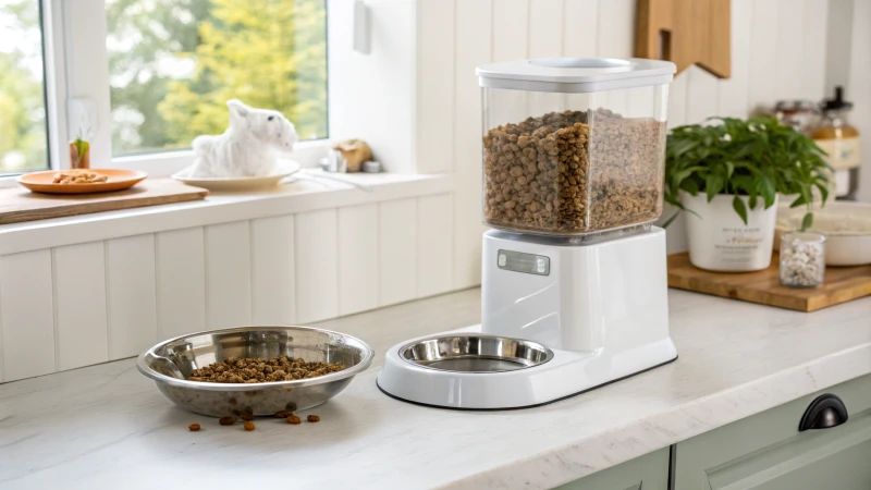 Mangeoire automatique pour animaux de compagnie sur un comptoir de cuisine