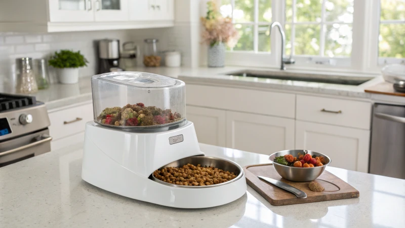 Distributeur automatique moderne d'aliments humides pour animaux de compagnie dans une cuisine lumineuse