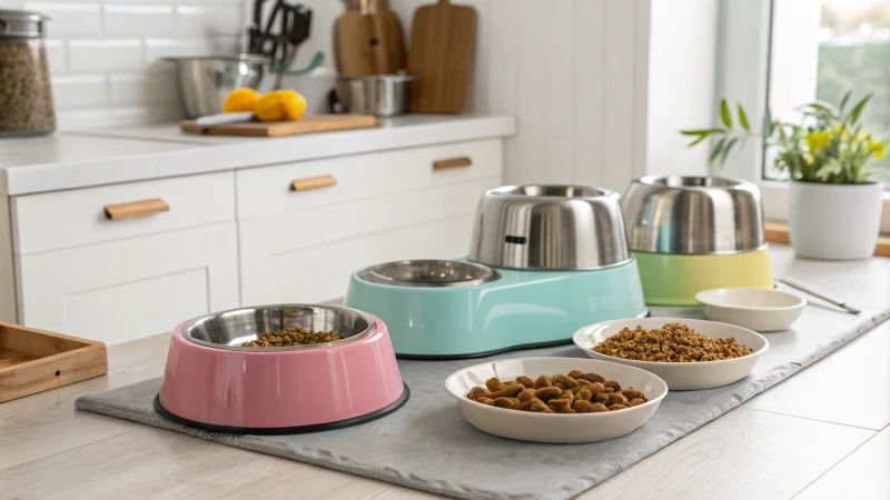 Une collection de distributeurs automatiques de nourriture pour animaux dans une cuisine moderne