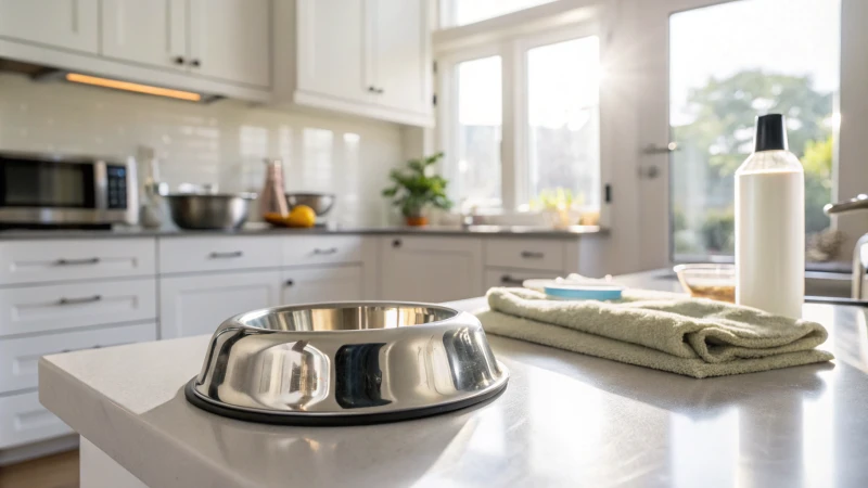 Une gamelle en acier inoxydable brillant sur un comptoir de cuisine impeccable