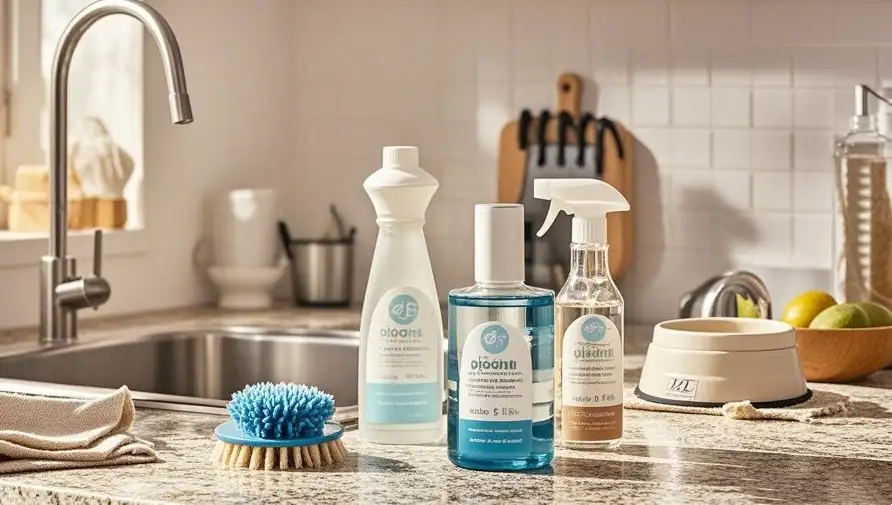 Scène de cuisine lumineuse avec des produits de nettoyage naturels et une gamelle pour animaux de compagnie