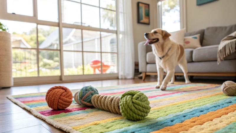 A bright living room with eco-friendly dog toys and a happy dog