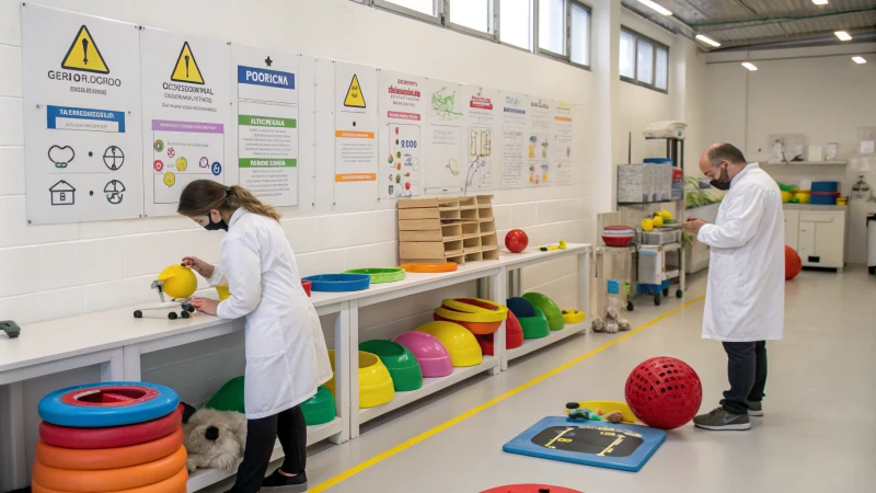 Eine gut beleuchtete Werkstatt bei Oriland Pets, in der Techniker buntes Spielzeug für Haustiere testen.
