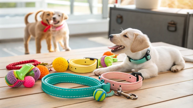 Un présentoir d'accessoires pour animaux de compagnie avec des chiots enjoués