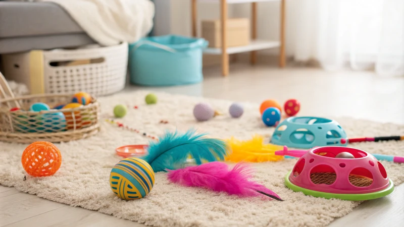 Une variété de jouets pour chats sur un tapis en peluche dans une pièce bien éclairée.
