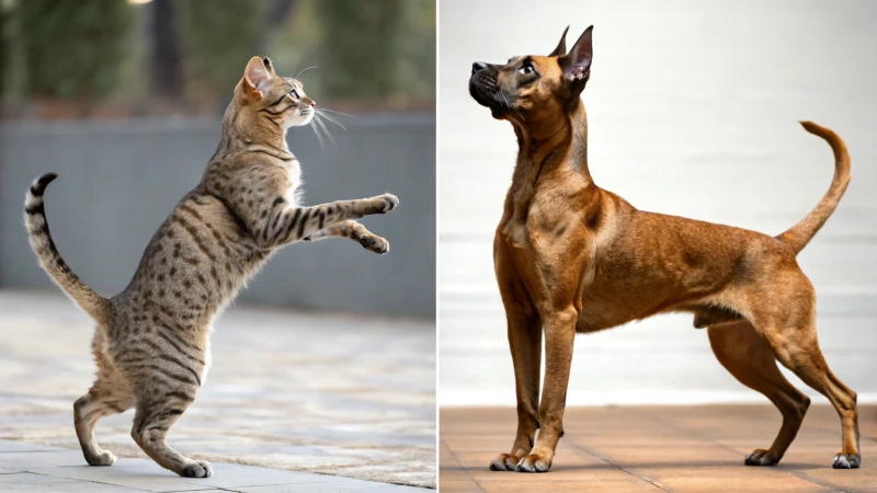 筋肉質な犬の隣にすらりとした猫を並べ、解剖学的な違いを強調する。