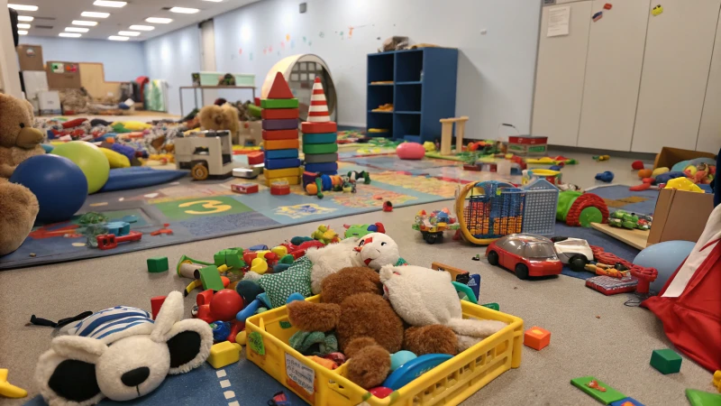 Une salle de jeux en désordre avec des jouets éparpillés sur le sol