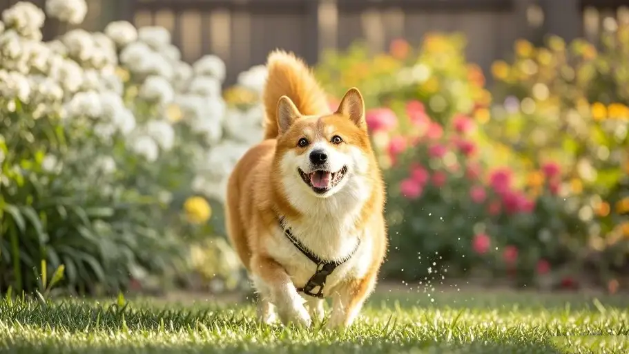 Un chien de taille moyenne jouant dans un jardin ensoleillé