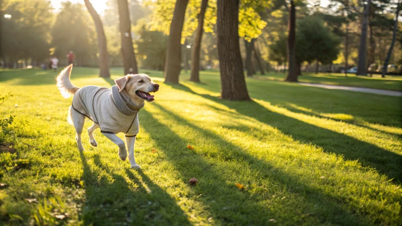 Un chien joyeux dans un parc portant une tenue en coton