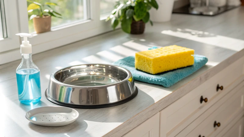 Une gamelle propre avec de l'eau fraîche sur le plan de travail de la cuisine