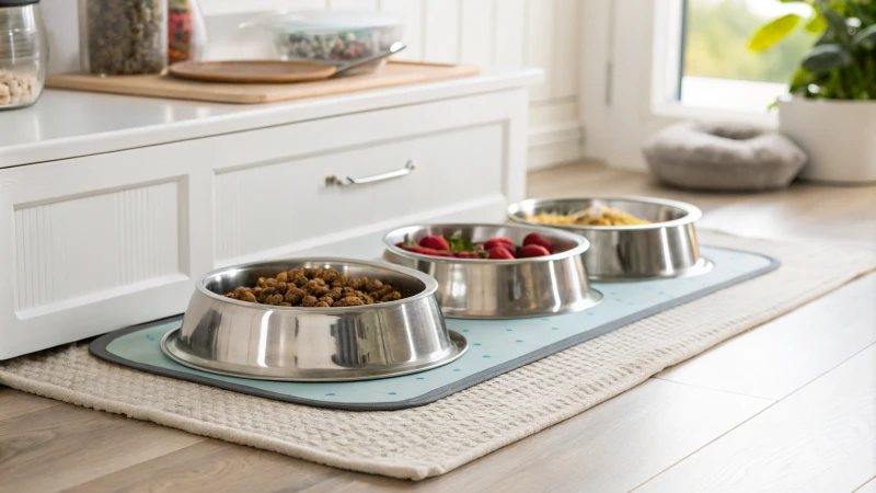 Une station d'alimentation propre avec des bols en acier inoxydable sur un tapis dans une cuisine bien rangée