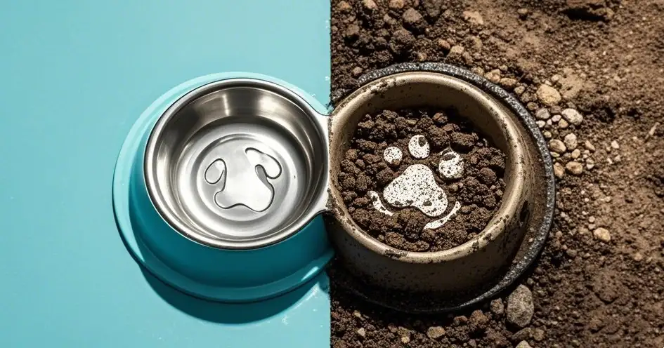 Image fractionnée d'une gamelle de chien propre et d'une gamelle de chien sale