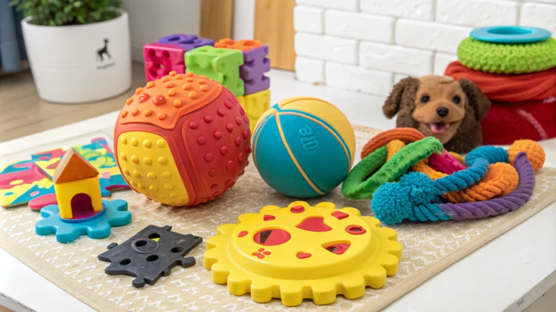 Eine Vielfalt an innovativem Hundespielzeug auf einer hellen Oberfläche