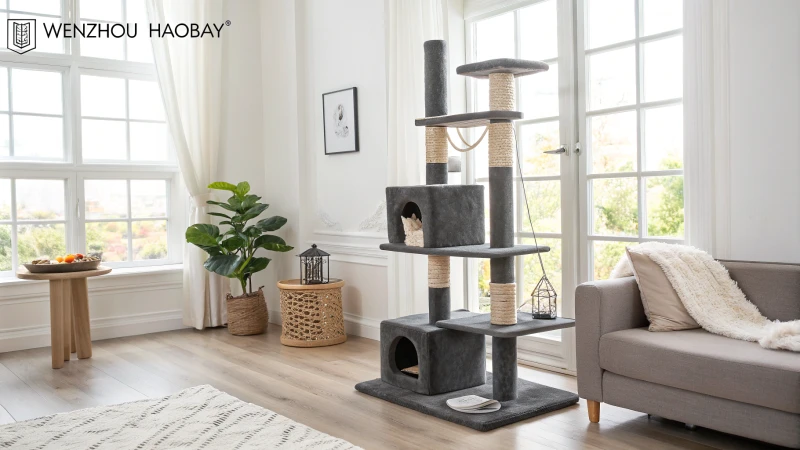 Un arbre à chat moderne dans un salon lumineux