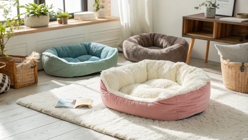 Interior acolhedor com várias camas de peluche para animais de estimação