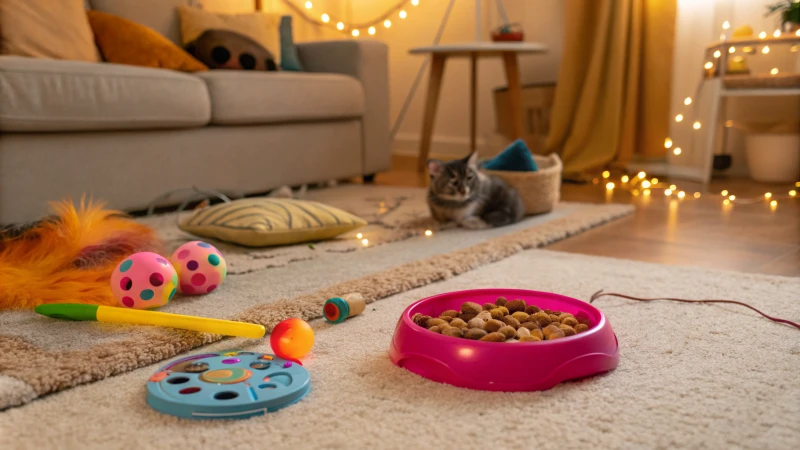 Salon douillet avec jouets pour chats sur un tapis moelleux