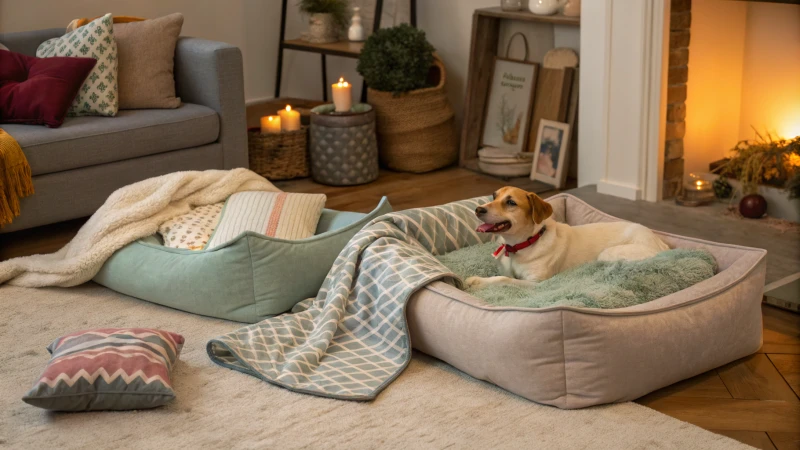 Uma sala de estar acolhedora com várias camas para cães e um cão a descansar