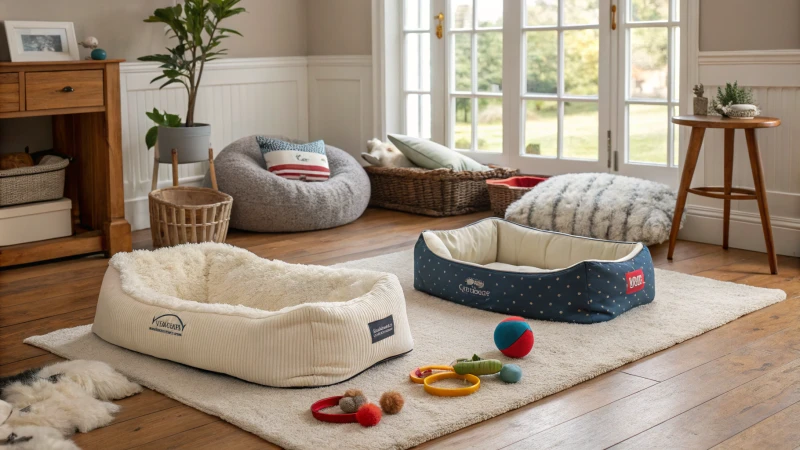Uma sala de estar acolhedora com várias camas e brinquedos para cães