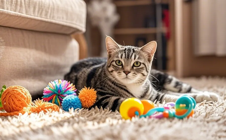 Salon douillet avec un chat tabby enjoué et des jouets colorés