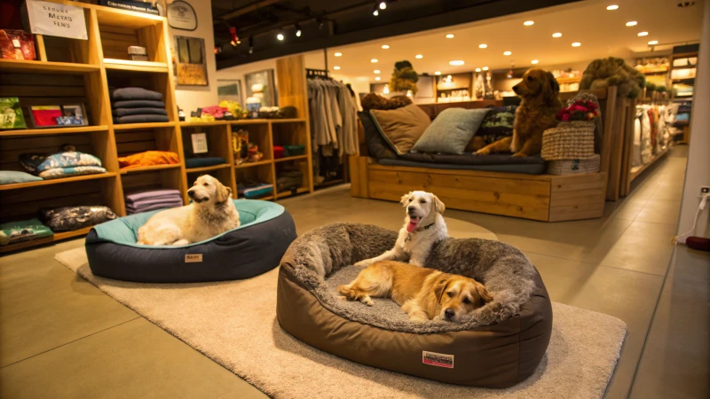 様々な犬用ベッドとそれを試す犬たちがいる、居心地の良いペットショップの店内