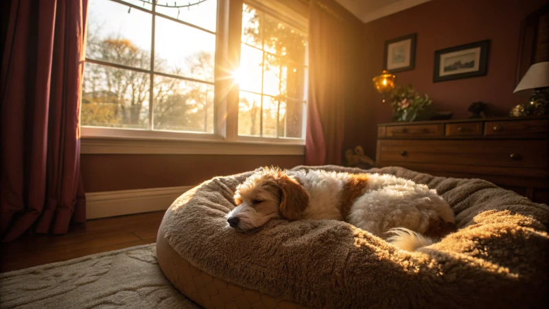 Un soffice cane che dorme su un letto di peluche in una stanza accogliente
