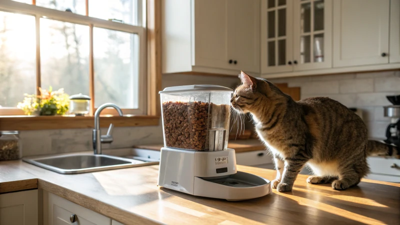 Chat curieux observant une mangeoire automatique dans une cuisine ensoleillée