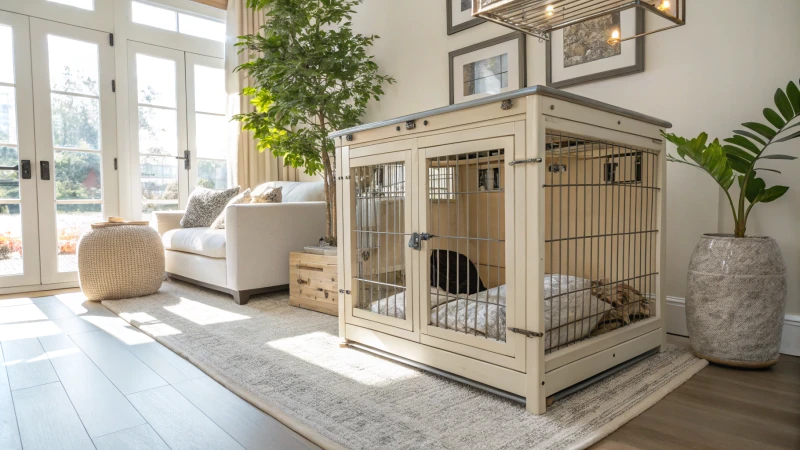 Une cage à chien spacieuse et personnalisée dans un salon moderne